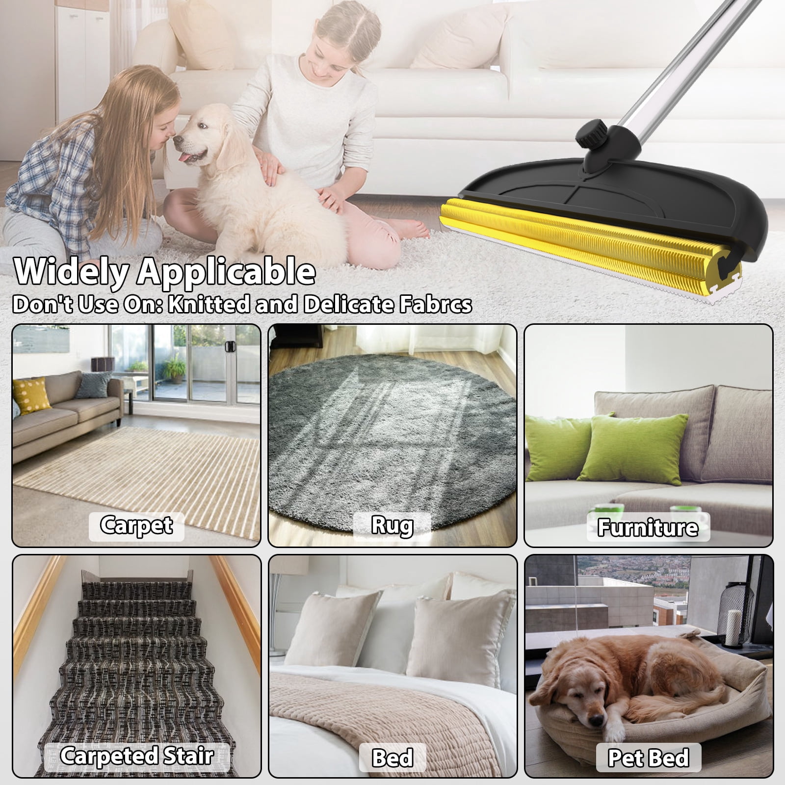 Carpet Rake for Pet Hair Removal: 60" Adjustable Long Handle Pet Hair Removel Tool, 2 in 1 TPU and Copper Pet Hair Remover Broom, Reusable Cat Dog Hair Remover Carpet Scraper