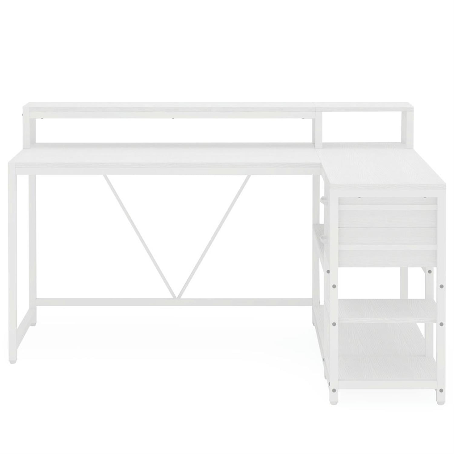 Demi Bonn Industrial L Shaped Gaming Desk, 55" Reversible Corner Executive Desk with Drawers and Shelves for Home Office, White