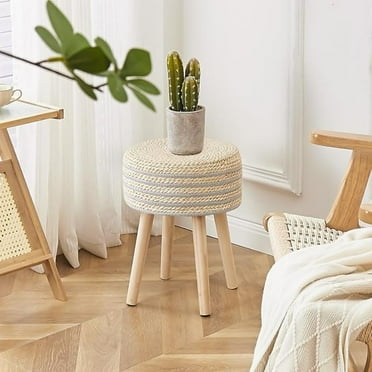 Round Ottoman Footstool Natural Seagrass Foot Stool Pouf Ottomans with Solid Wood Legs Hand Weave Hyacinth Footrest Step Stool for Living Room Balcony Garden Natural & Grey