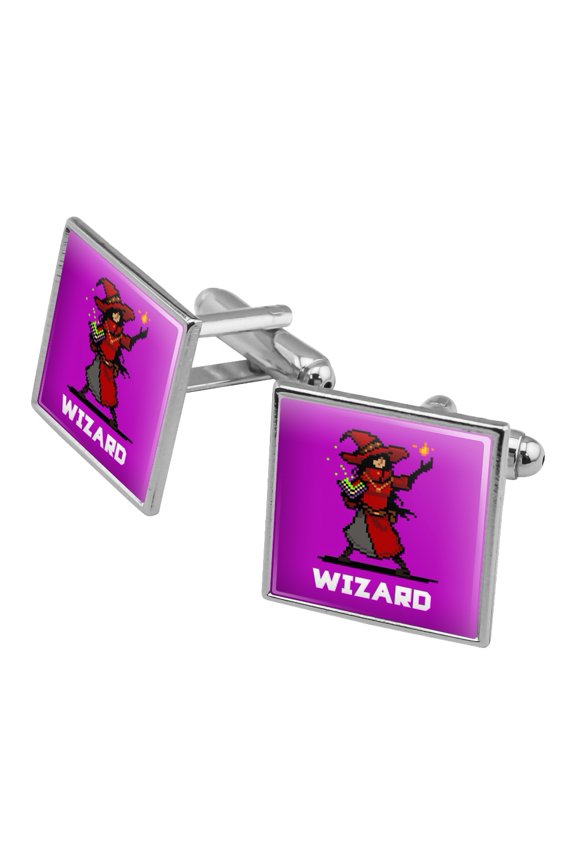 8-Bit Pixel Retro Wizard Mage Caster Games RPG Square Cufflink Set - Silver or Gold