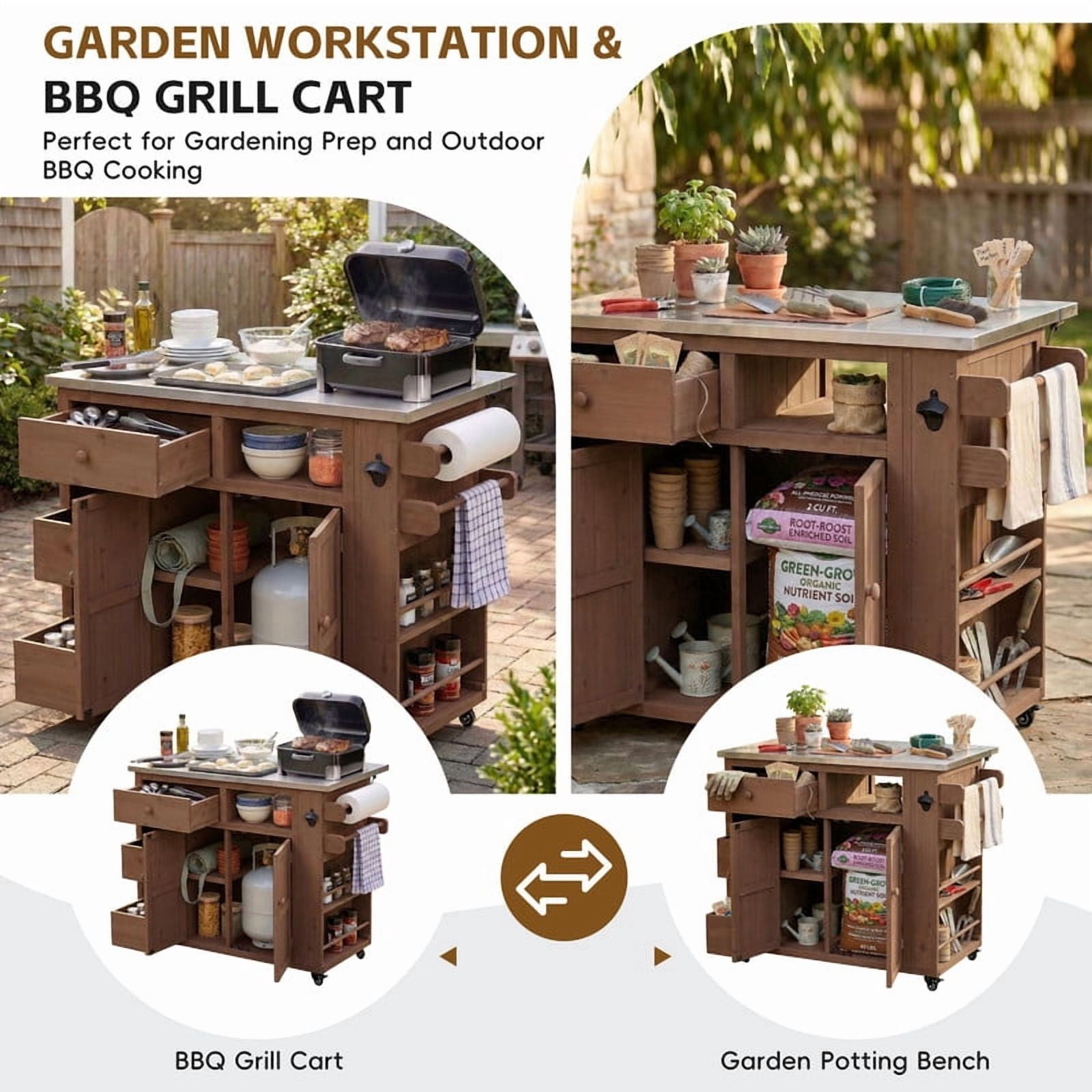 Outdoor Solid Wood Kitchen Island, Extendable Stainless Steel Top Grill Table with Drop Leaf, Storage Kitchen Cart