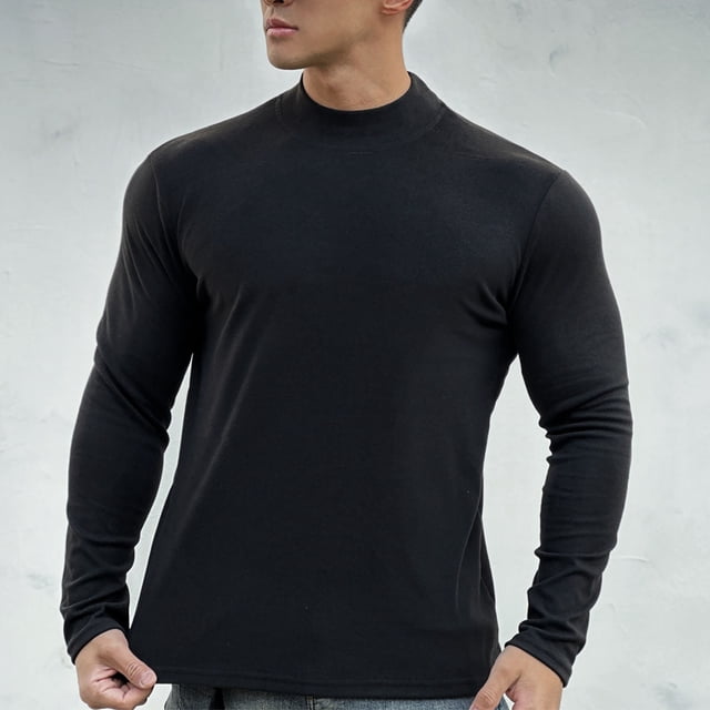 Blusa y camisa de cuello alto de manga larga para hombre, color liso, cálida y ajustada, cuello semialto, manga larga, base deportiva y fitness, top de poliéster para hombre.