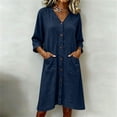 thumbnail image 2 of Zynoxe Womens Cotton Linen Dresses Summer V-neck 3/4 length sleeve Button Down Midi Dresses Lounge Peasant Gauze Business Work Dresses with Pockets Navy 2XL, 2 of 7