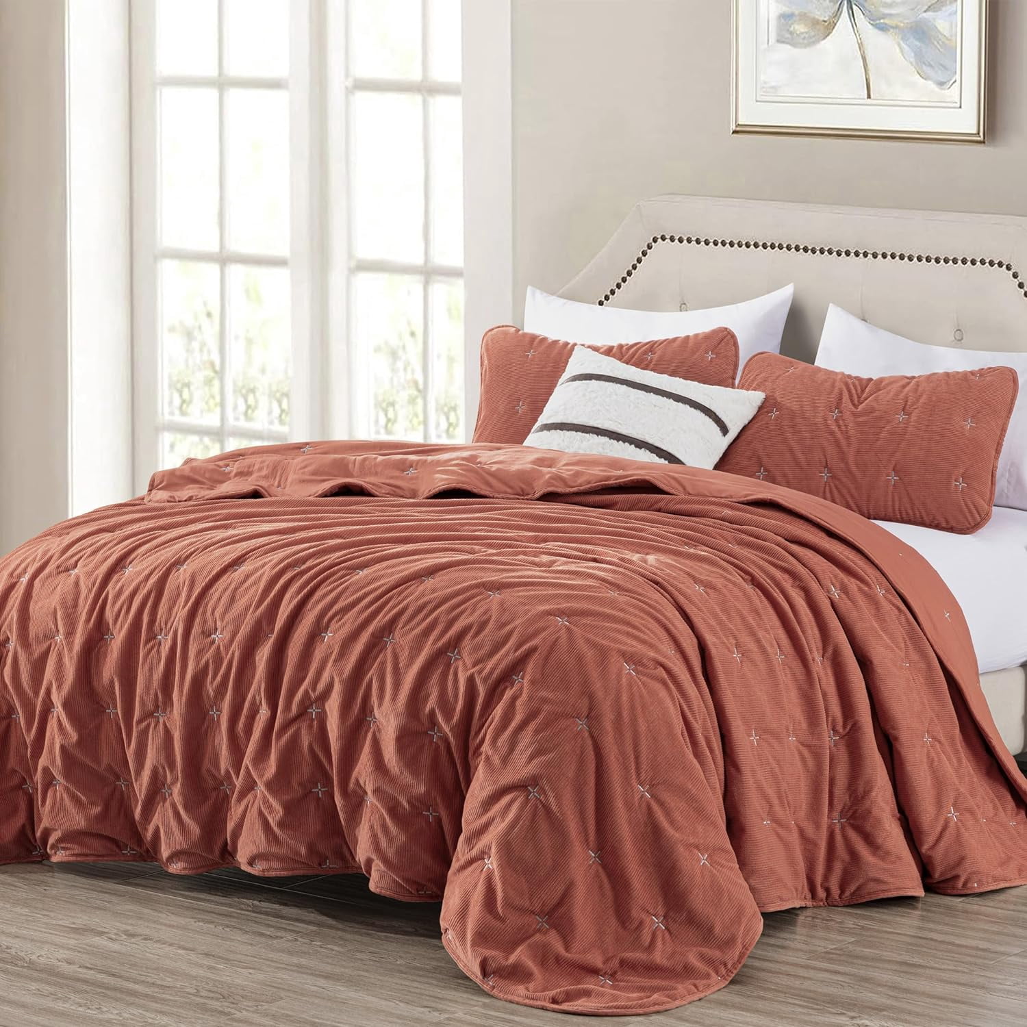 Chezmoi Collection Corduroy Queen Quilt Set Terracotta, 3-Piece Luxury Soft Cross Stitch Polyester Corduory Lightweight Bedspread, 1 Quilt 90 in x 94 in and 2 Pillow Shams 20 in x 26 in