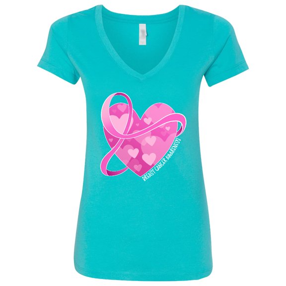 Inktastic Breast Cancer Awareness Pink Ribbon Around Heart Women's V-Neck T-Shirt