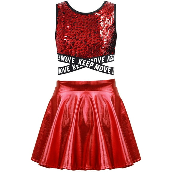TiaoBug Kids Girls Cheerleading Jazz Dance Outfits Sequins Sleeveless Crop Tops and Skirts Set Red 12