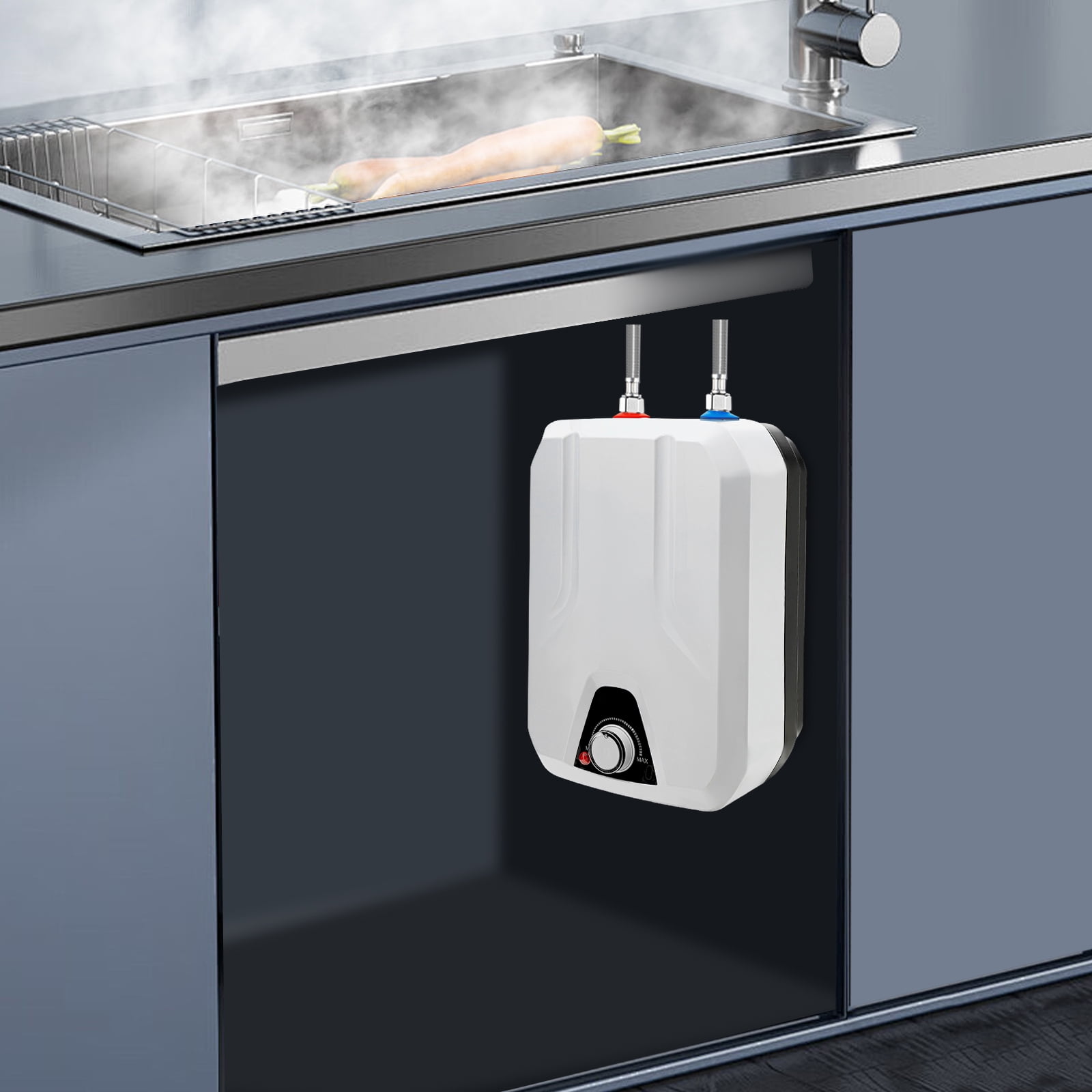 Peakora Electric Tankless Water Heater with 1.59gal Capacity 1500w Stainless Steel on Demand Hot Water 86-149°F IPX4 White 9.44*7.67*13.38in