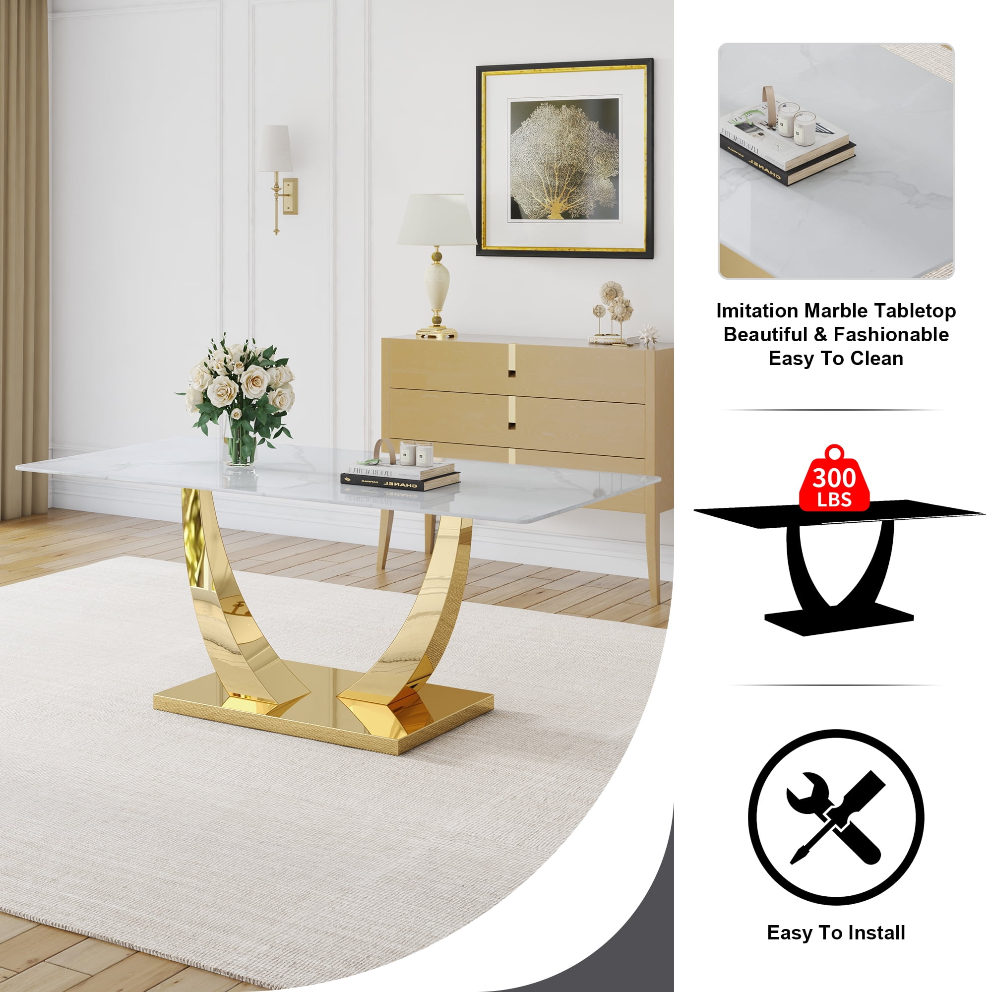 TesNus 71" Rectangular Dining Table, White Faux Marble Glass Top with Gold U Shaped Metal Base for Dining Room