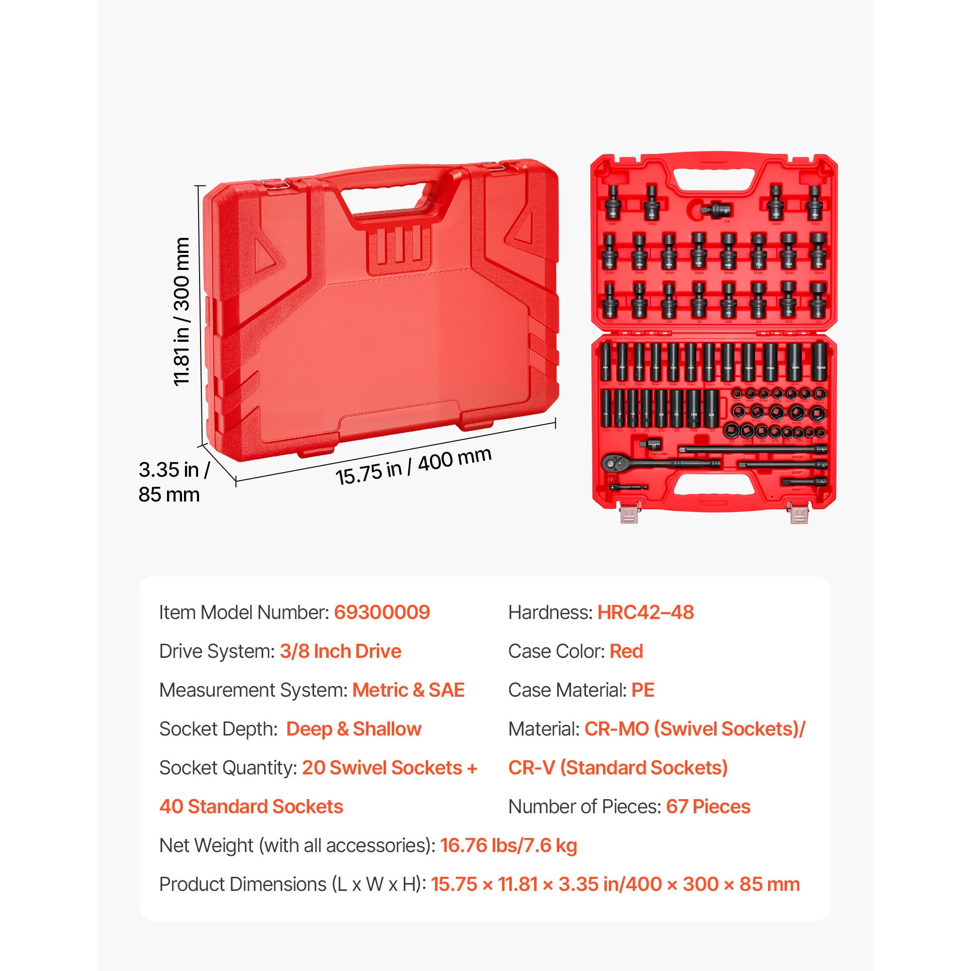 KFFKFF 67-Piece 3/8 in Drive Impact Socket Set, 6-Point Shallow & Deep Sockets, SAE (5/16 in to 3/4 in) and Metric (8 mm to 19 mm), Swivel Sockets, Adapters, Durable Steel Construction, Portable Case
