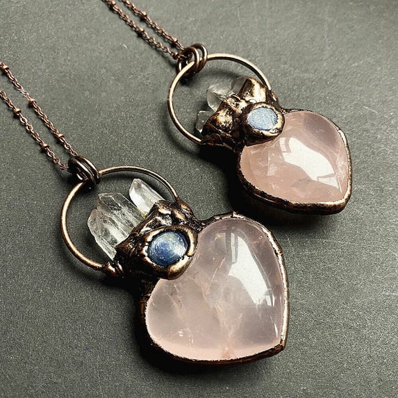 Natural Rose Quartz Crystal Heart Carved Pendant Clear Quartz Point Healing