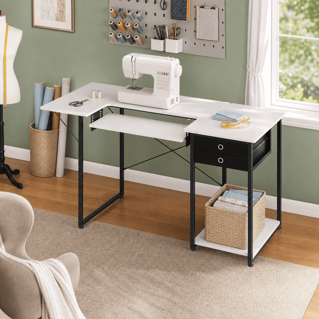 Sewing Table, Sewing Machine Table with Drawers, Foldable Side Shelf, Adjustable Shelf, Steel Legs, Computer Desk for Home, Fashion Studio, Art Studio, Educational Institution