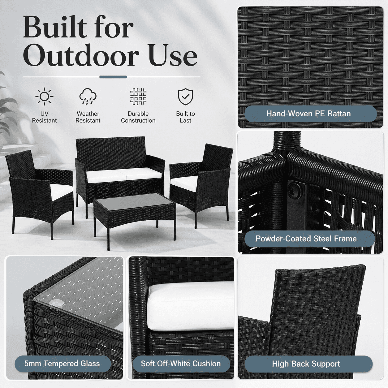Segmart Patio Furniture Set, Rattan Wicker Chairs Set w/Table for 4, All-weather Conversation Set with Bold Steel Frame Black, Outdoor Furniture for Garden Lawn Backyard