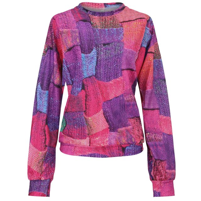 2025 Chemises à Manches Longues Col Rond Couture pour Femmes Imprimé Chandail Ample