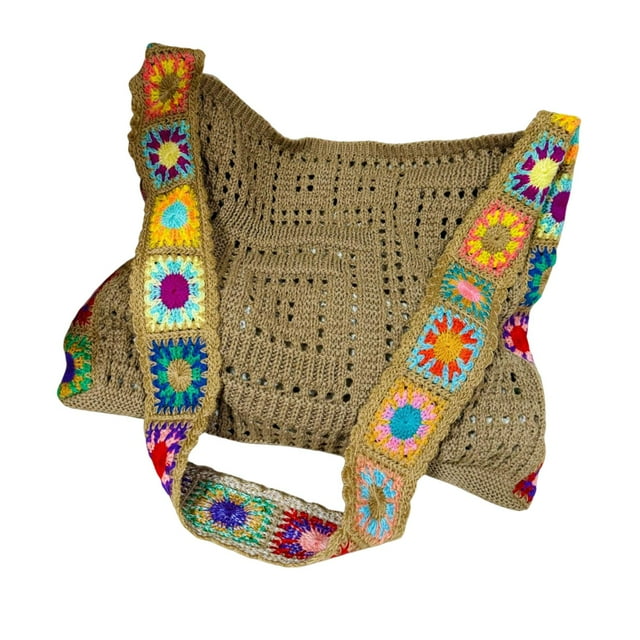 Bolso de crochet minimalista, bolso de punto bordado, moderno y práctico bolso de hombro para mujer Caqui