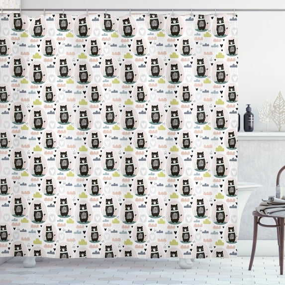 Nursery Shower Curtain, Sleeping Bear Silhouette with Scarf Hearts and Rain Clouds Background Forest Animal, Fabric Bathroom Set with Hooks, 69W X 70L Inches, Multicolor, by Ambesonne