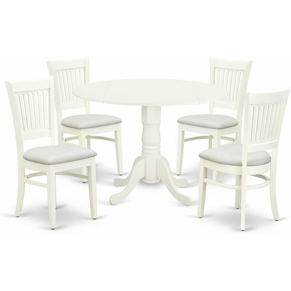HomeStock 5 Piece Dining Table Set for 4 Includes a Round Kitchen Table with Dropleaf and 4 Linen Fabric Kitchen Dining Chairs, 42x42 Inch,Linen White