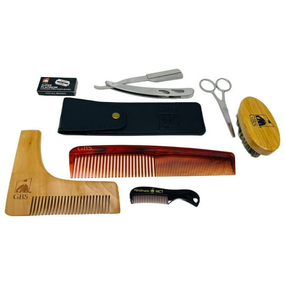 G.B.S Mens Beard Shaping and Trimming Set - Professional Barber Straight Edge Razor Safety with Blades and Case, Beard Brush, Template Shaping Tool, Scissors, 7" Dressing Comb, Pocket Mustache Comb