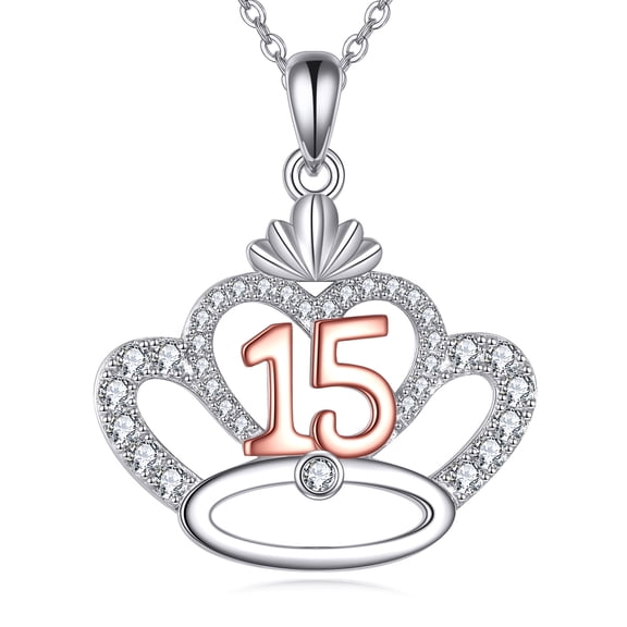 925 Sterling Silver Moments Crown Necklace for Quinceanera Women, Sweet 15 Present with 15 Sparkling CZs"
