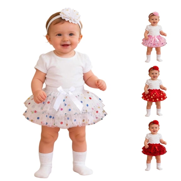 SUXIAN Mini Skirts For Girl Ruffled Polka Dot Mesh Tutu Skirt Headband Set For Baby Girls Skirt White 9-12 Months