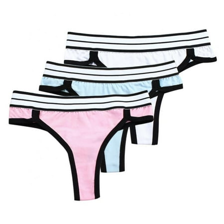 

3-Pack Women Widen Elastic Waistband Thong T-back Striped Panties Briefs Low-Rise Panty Ladies Intimates