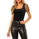 thumbnail image 5 of INSPIRAR CHIC Blusa de terciopelo negra de manga corta con cuello cuadrado y patrón de estrellas brillantes, 5 of 7