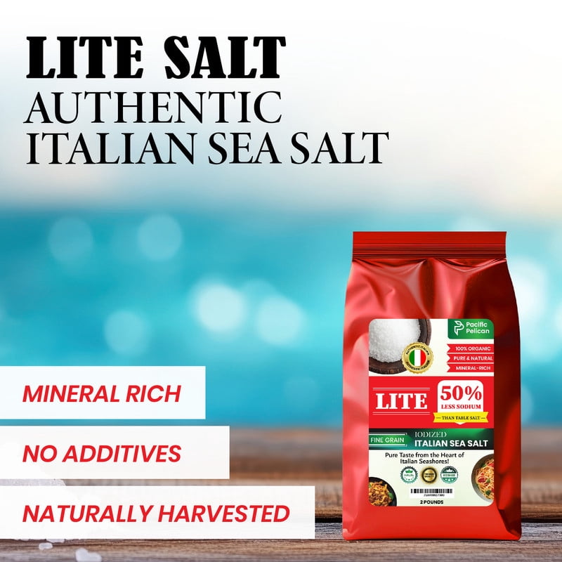 Pacific Pelican Iodized Lite Italian Sea Salt, 50% Less Sodium, Fine Grain, 2 Pounds, Natural & Organic; best for thyroid function ; wellness; paleo and gluten free