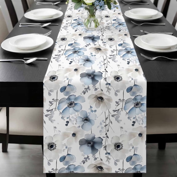 Blue Grey Spring Floral Table Runner 72 Inches Long, Summer Flowers Botanical Kitchen Coffee Dining Table Decoration for Home Party Birthday Wedding Home Decor 14x72 Inches