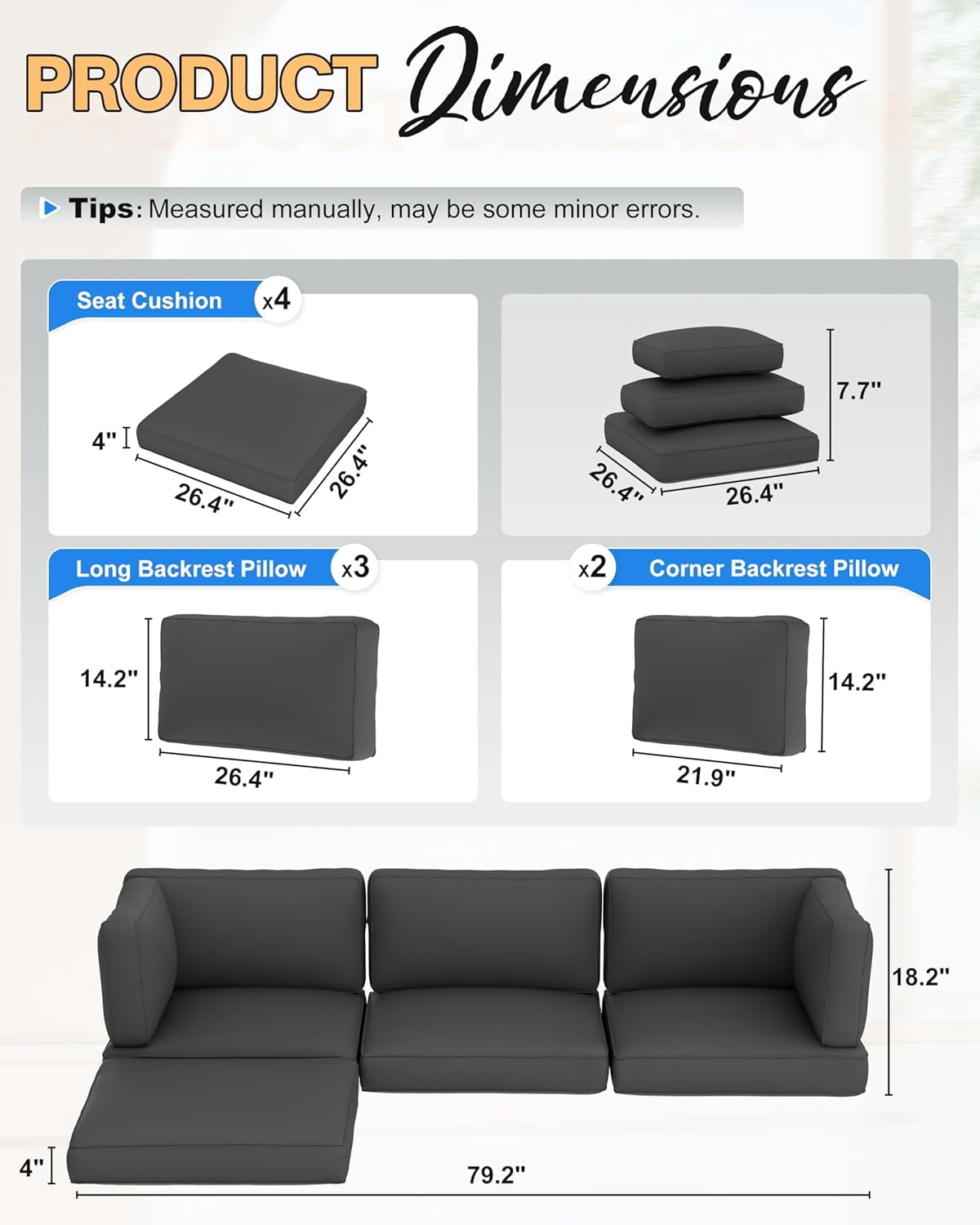 SUNCROWN 9 Piece Patio Furniture Cushions, Replacement Outdoor Cushions for 4-Seat Patio Couch, Cushions for Outdoor Sectional Sofa, Gray