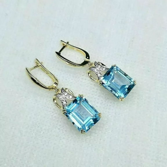 4CT Emerald Cut Aquamarine Drop Dangle Earrings Lab Created 14K Yellow Gold Over