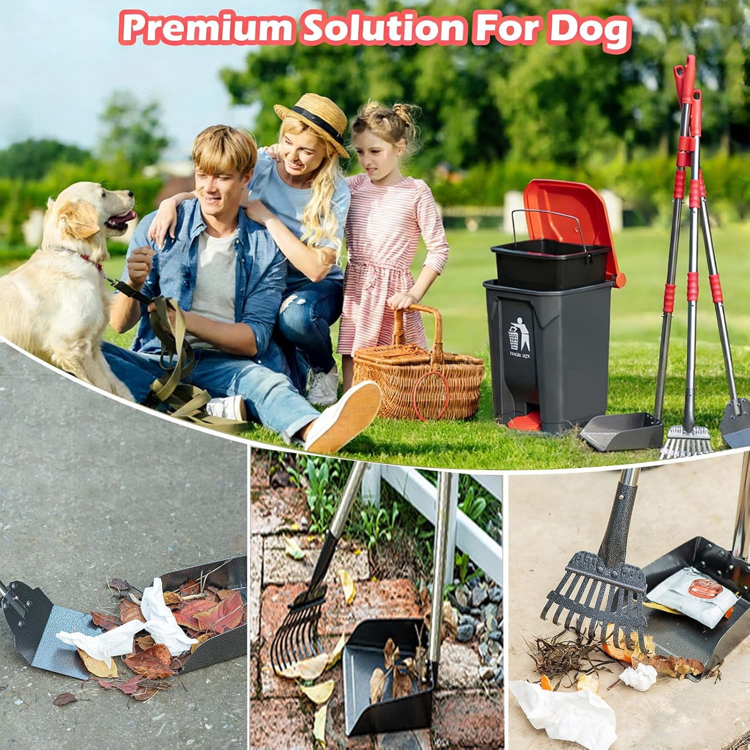 Dog Pooper Scooper Set,Dog Poop Tray and Rake Set for Large & Small Dogs Dog Pet Waste Tool 15 Litre Step Dog Poop Trash Can Outside W/Removable Inner Bucket with 20 Waste Bags