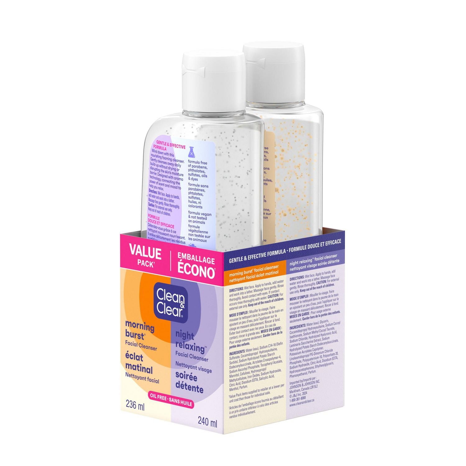Ensemble duo composé des nettoyants quotidiens jour et nuit pour le visage Clean & Clear, sans huile, vitamine C, BHA, acide hyaluronique, non comédogène 236 mL, 240 mL