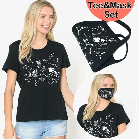 2Pcs Set Women GRAPHIC TEE & PRINT RHINESTONE COTTON FACE MASK SET Made in USA SIZE S