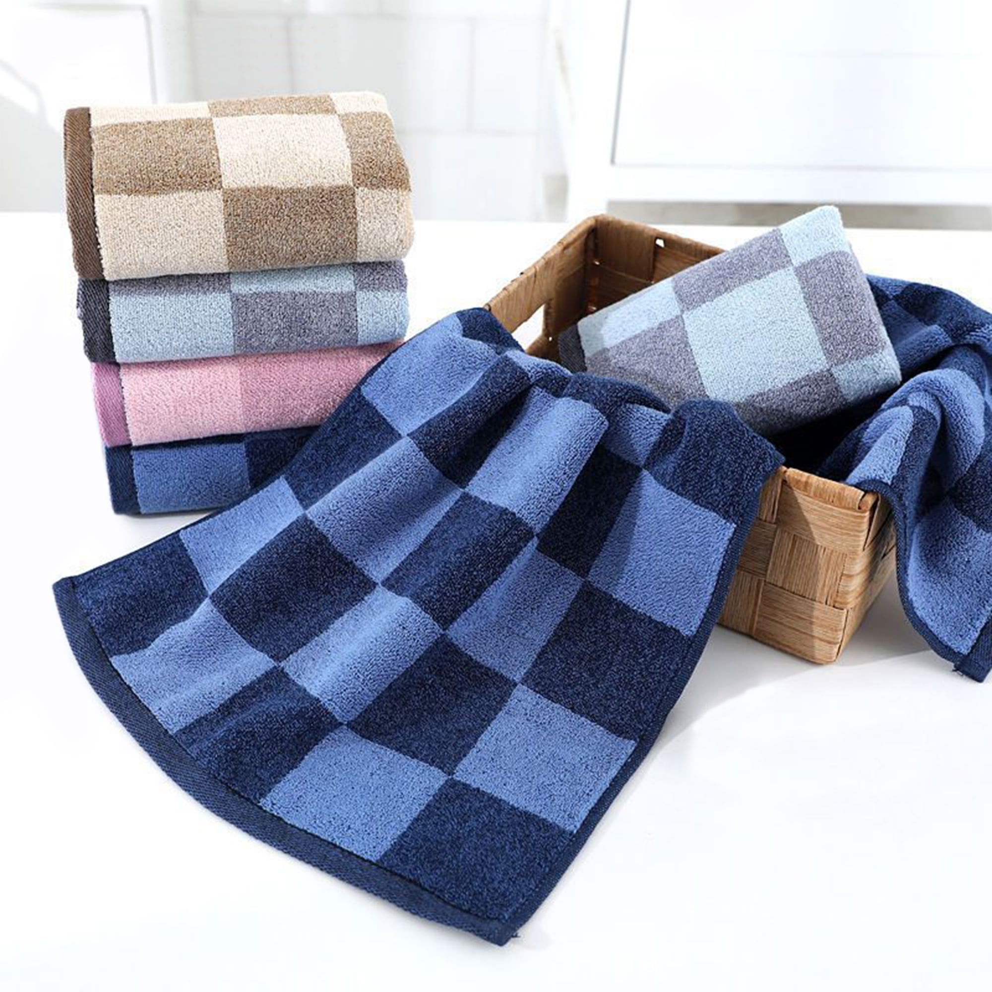 Unique Bargains Bathroom Checkered Decorative Hand Towel Set 14" x 28" Brown 2-Piece