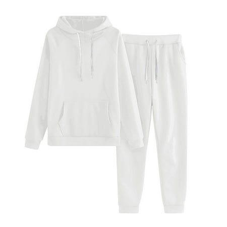 Dezsed Women s 2 Piece Tracksuit Fall Outfits 2024 Long Sleeve Hoodie Sweatshirt Sweatpants Lounge Set Sweatsuits White L on Clearance