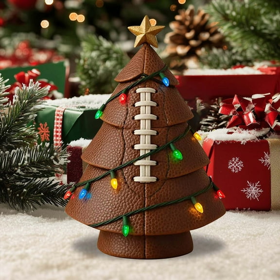 Football Shaped Christmas Tree Decor with Colorful String Lights and Gold Star Topper, Festive Sports Themed Holiday Decor for Home and Sports Enthusiasts During the Season - Coffee