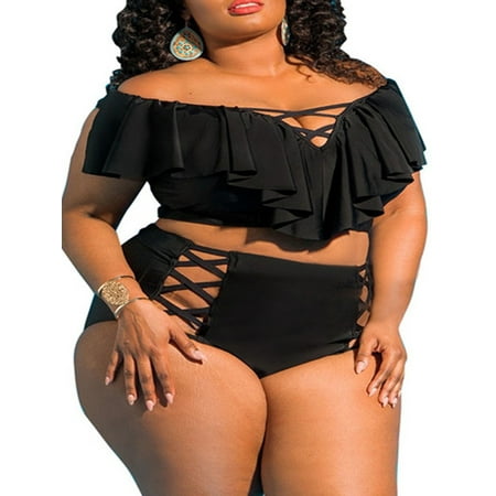 - Women Plus Size High Waist Ruffle Push Up Swimsuit Bikini Beach Swimwear Bathing