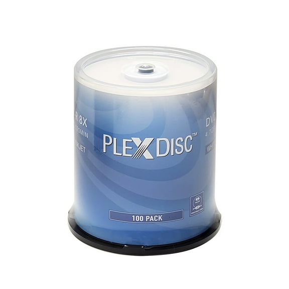 PlexDisc DVD-R 4.7GB 8X White Inkjet Printable Blank Discs 100-pack Spindle - Recordable Optical Media