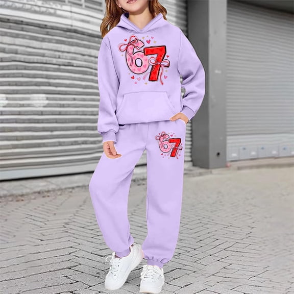 Kids Outfits Set Valentine'S Day Six Seven 67 Letter Boys Girls Casual Love Print Fleece Hooded Tracksuit Warm Kids Tops Outfit With Pocket Light Purple 110/(6-7 Years)