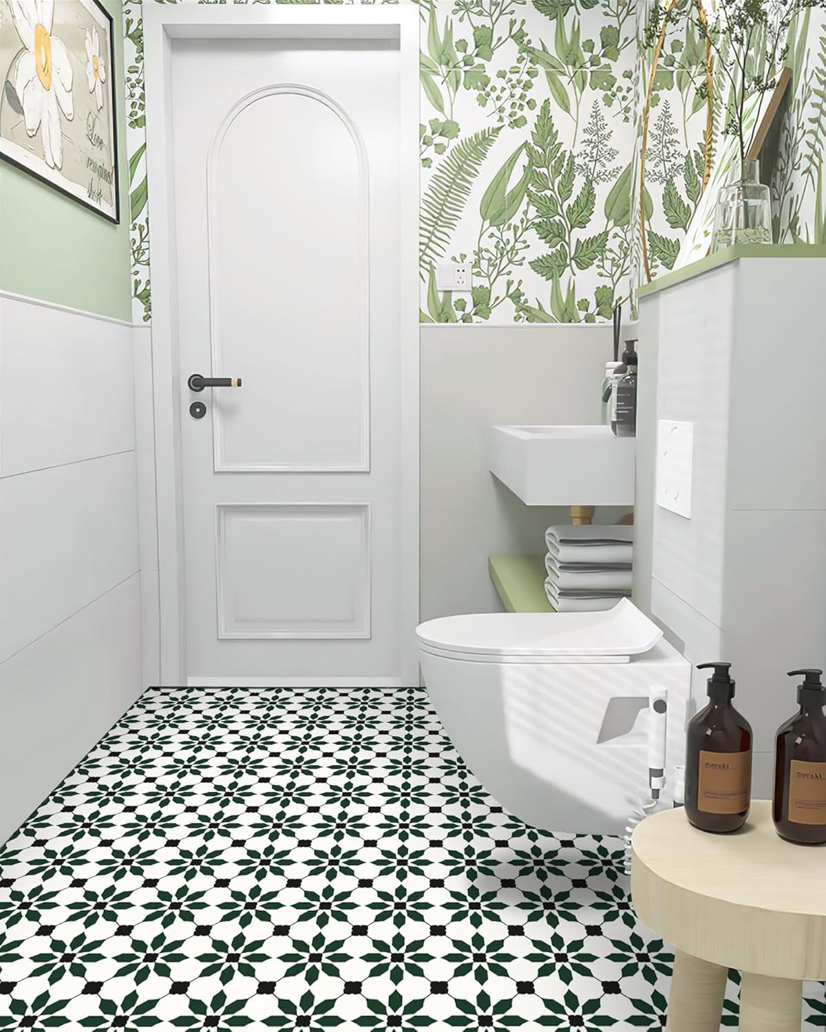 MORCART 7.87" x 7.87" Peel and Stick Floor Tile, 40 PCS Self-Adhesive DIY Vinyl Flooring for Renters, Removable and Waterproof Tile Sticker for Bathroom, Kitchen, Staircase(Black Green)