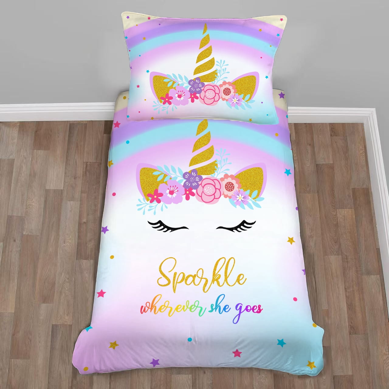 Toddler Bedding Sets for Babys Boys Girls Kids Rainbow Star Blue Purple Unicorn Toddler Crib Comforter Set Flat Sheet Fitted Sheet and Pillowcase 4 Pieces