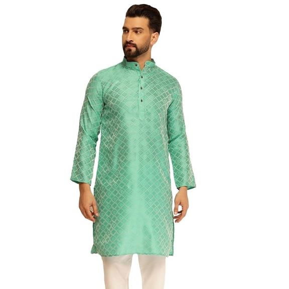 Sojanya (Since 1958) Men'S Jacquard Silk Woven Motifs Green Long Kurta