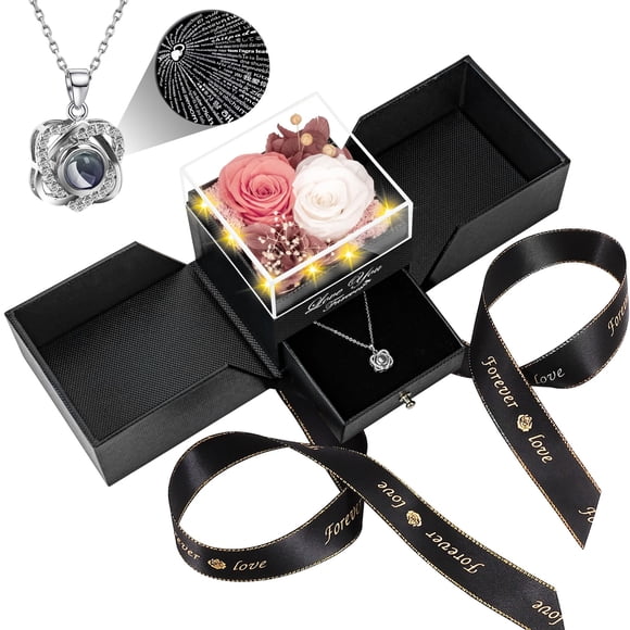 Collar Lebana con 2 rosas preservadas con corazones de I Love You