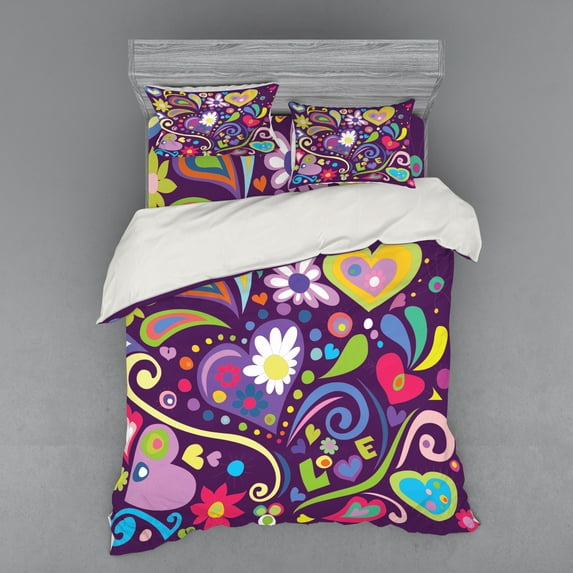Ambesonne Love Bedding Set 4 Pcs, Sixties Inspired Love, Queen, Multicolor