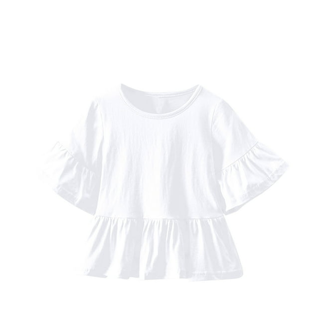 WRKEKC Chemises à Manches Longues pour Filles, T-Shirts à Manches Longues pour Filles, Chemises Unies Mignonnes Évasées Col Rond à Volants Blouses Décontractées