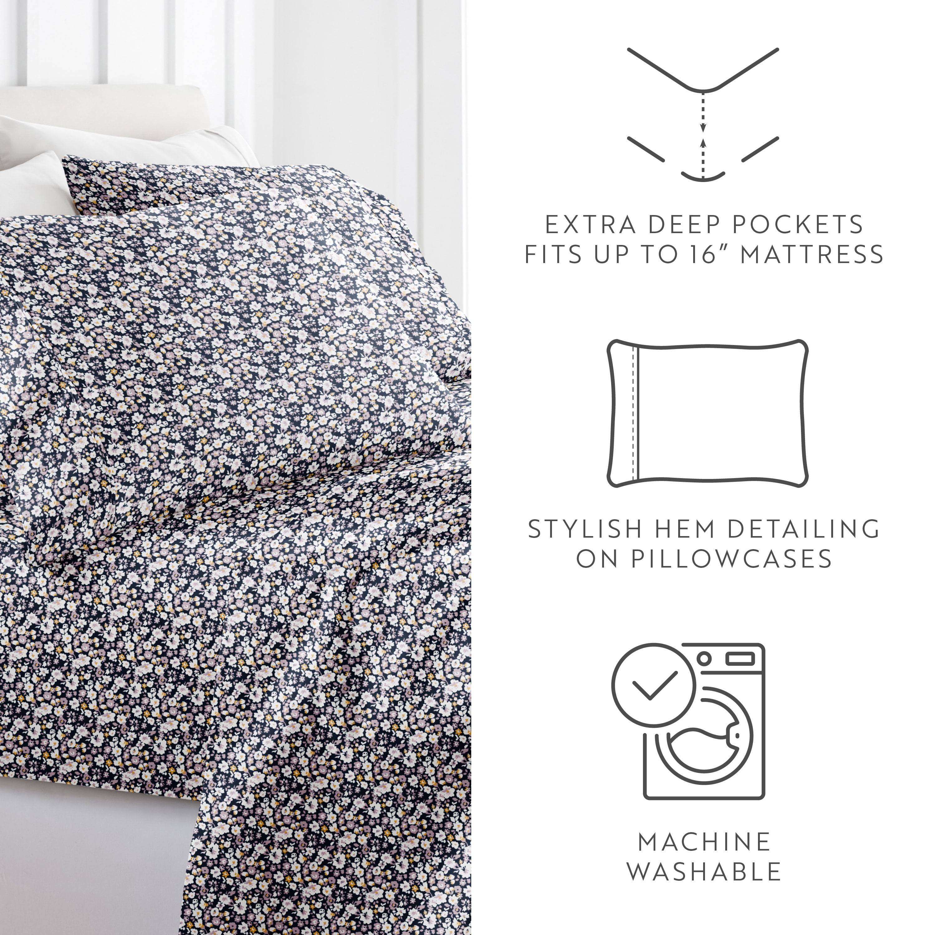 Noble Linens 4 Piece Pattern Microfiber Bed Sheets Set, Floral Dream Navy, Full