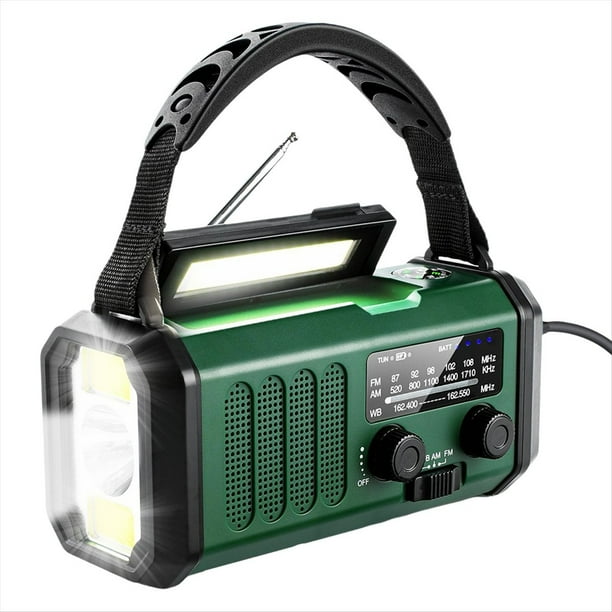 Radio Meteorológica de Emergencia FM/AM/ de 20000 MAh, Radio de Manivela, Linterna, Energía Solar para Acampar Al Aire Libre, Color Verde.