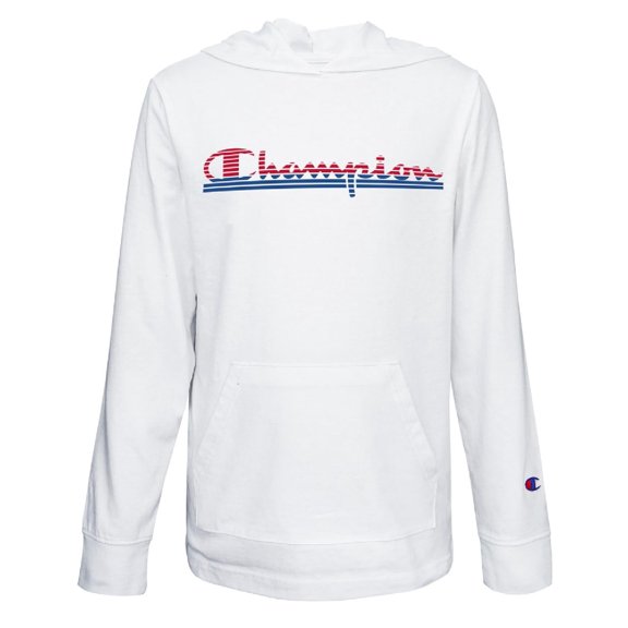 Champion Boys Long-Sleeve Script Hoodie w/Kangaroo Pocket (White, Medium, M, 10-12)