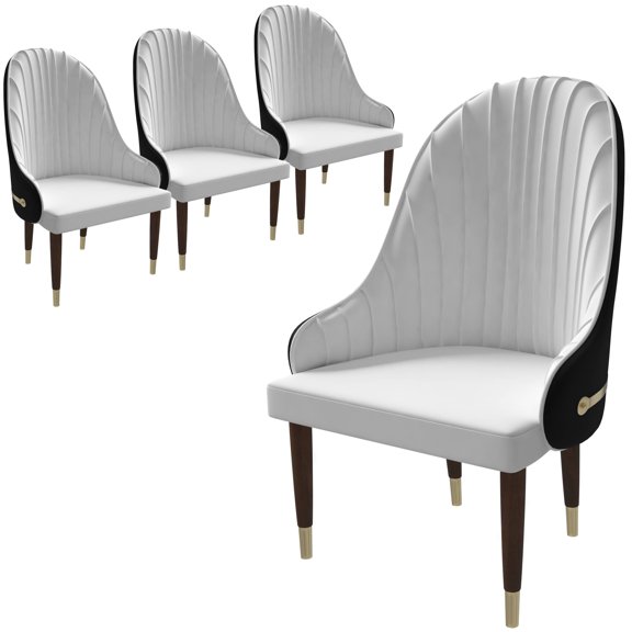 LeisureMod Dining Chair Upholstered Leather Seat and Elegant Ripple Back with Rubberwood Frame and Legs with Gold Accents Modern Armchair Elara Collection Set of 4 in Black/White