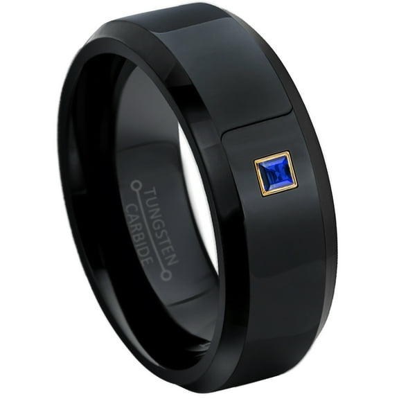 0.05ctw Princess Cut Blue Sapphire Tungsten Ring - 8MM Polished Black IP Beveled Edge Tungsten Carbide Wedding Band - September Birthstone Ring - 14kt Yellow Gold Bezel - TN084PSG-1SPs12.5
