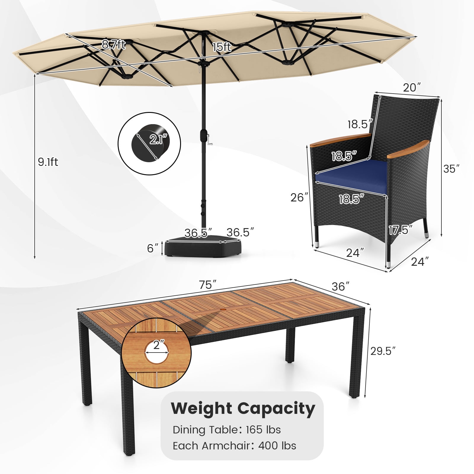 Costway 11 PCS Patio Wicker Dining Set with Double-Sided Outdoor Umbrella 8 Stackable Chairs